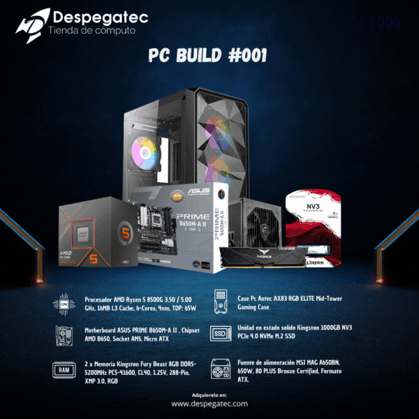 Pc Build #01, Pc Build Ryzen 5 8500G, RAM 16GB DDR5-5200 MHz, SSD Nvme M.2 1000GB