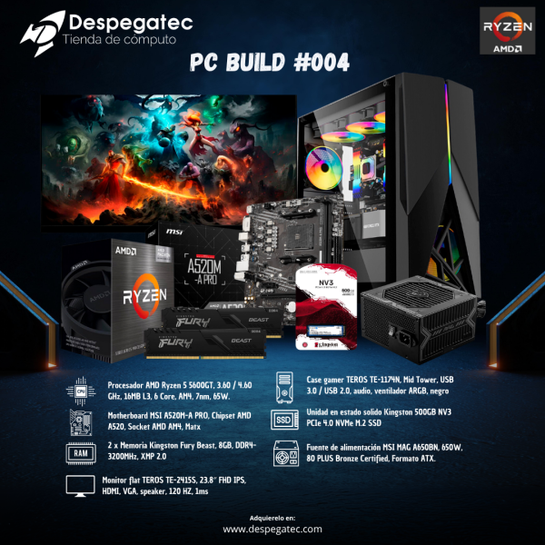 Pc Build AMD Ryzen 5 5600GT #04, RAM 16GB DDR4 3200MHZ, SSD Nvme 500GB, Monitor 27"