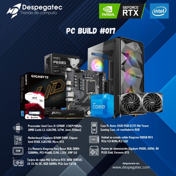 Pc Build Intel Core i5-12400F #017, RAM 16GB DDR5-5200MHz, SSD Nvme 500GB, MSI GeForce RTX 3050 VENTUS 2X XS 8G OC